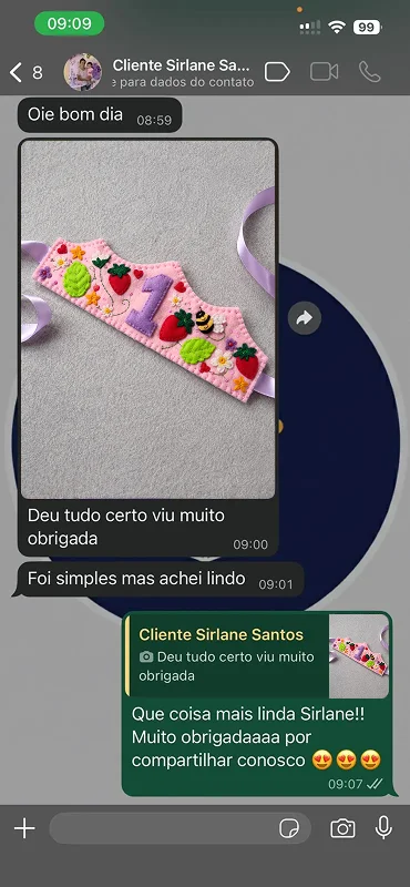 Print de conversa no WhatsApp com a cliente Sirlane, mostrando a foto de uma coroa de feltro rosa com o número 1 em lilás, morangos e uma abelha, e a mensagem: Deu tudo certo viu muito obrigada